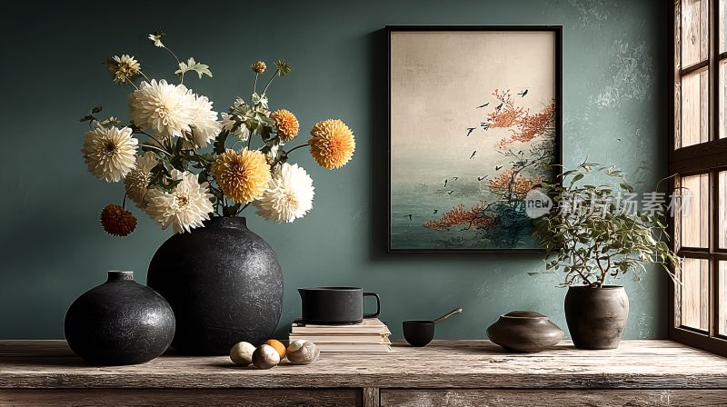 室内窗边的花瓶与装饰画陈设