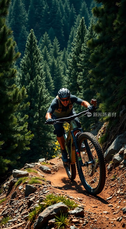 骑行者穿越森林小径