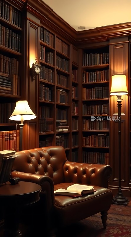 书架环绕的阅读角落棕色皮椅与灯光营造温馨氛围
