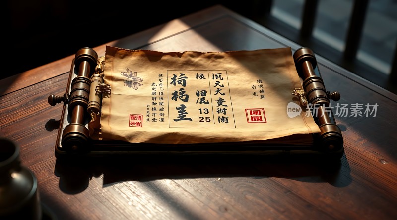 古风书法卷轴展示木制支架上的古老文献