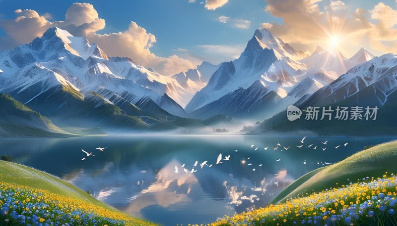 雪山下的宁静湖泊 雪山 湖泊 草地 鲜花