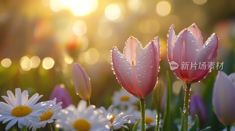 春天春日晨曦中的郁金香小雏菊鲜花