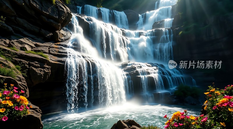 阳光下的瀑布与鲜花