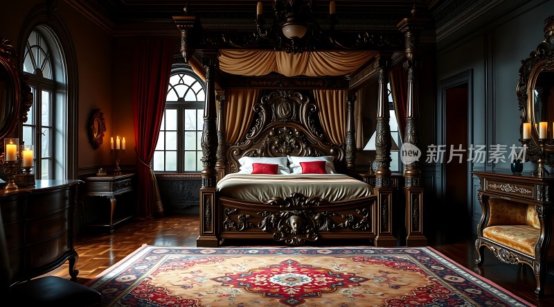 古堡卧室豪华床铺精致家具温馨氛围