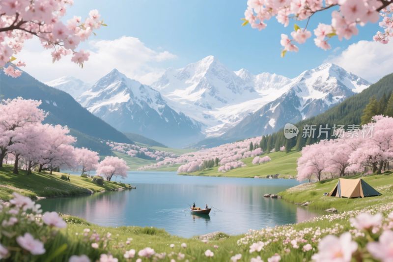 春日山水湖景插画