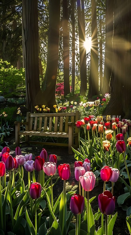 阳光下的郁金香花园