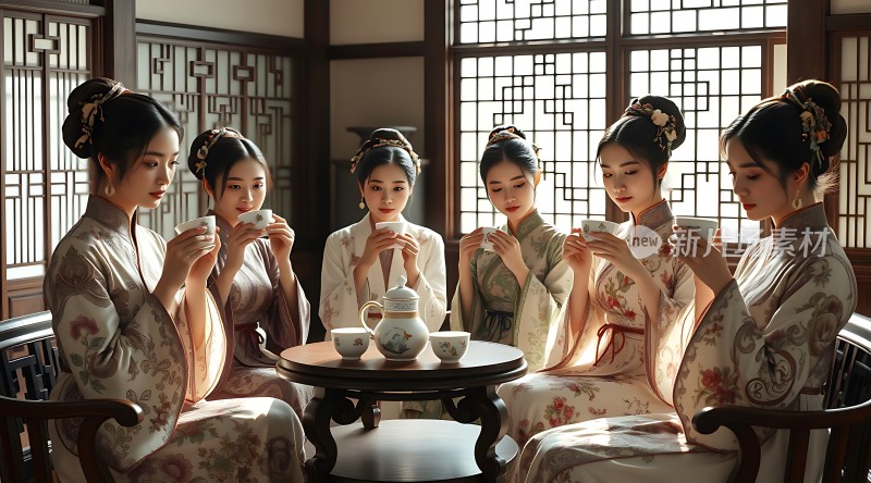 汉服佳人围桌品茗