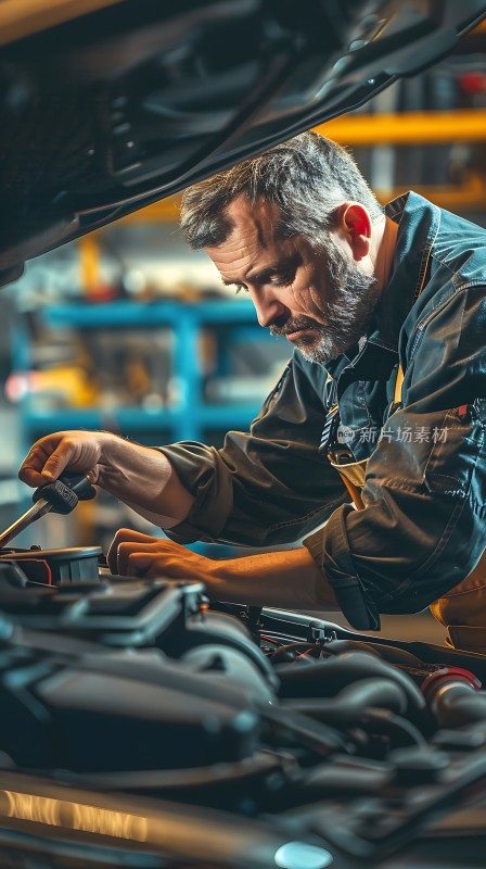机械师专注检修汽车引擎