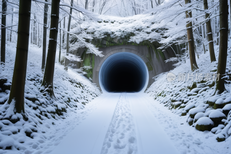 雪林中央一条隧道高清风景图片