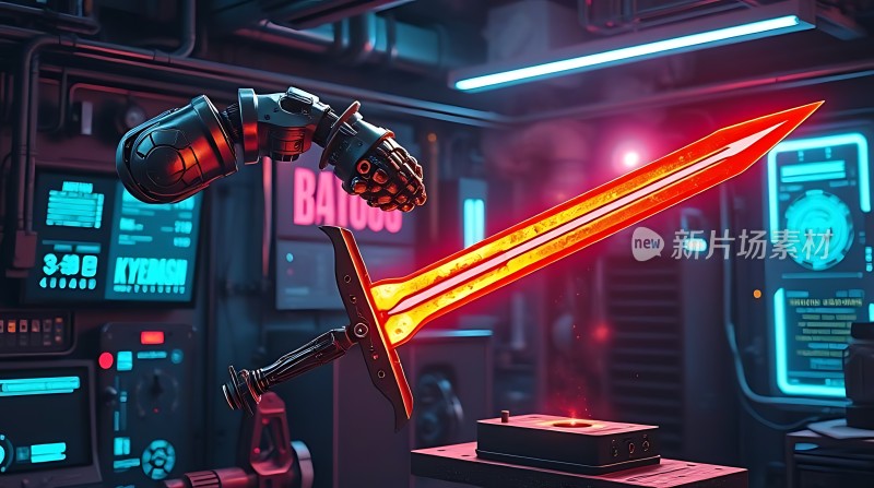 机械臂挥舞着发光剑未来科技感十足