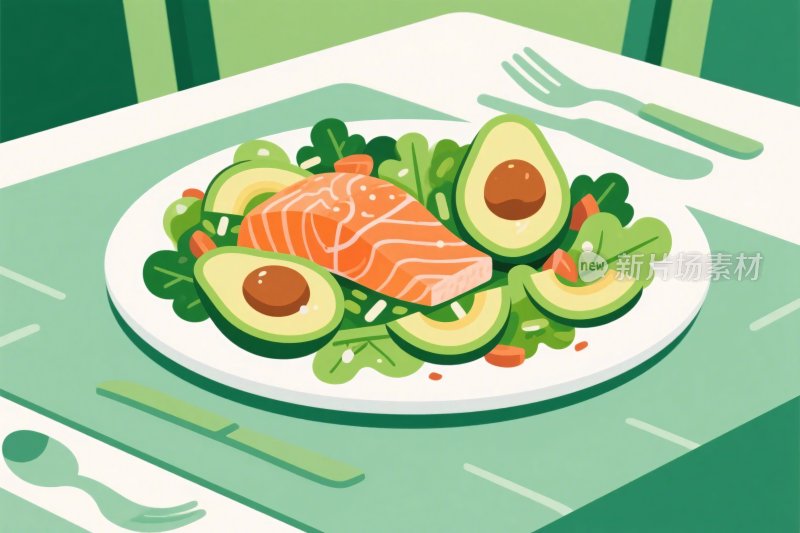 插画风格的三文鱼牛油果沙拉