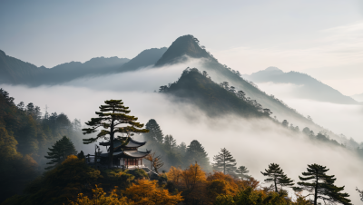 山上笼罩着雾气高清风景图片