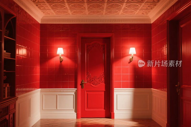 红色走廊与红色门室内场景