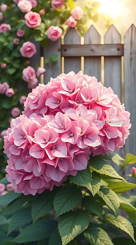 阳光下的粉红绣球花