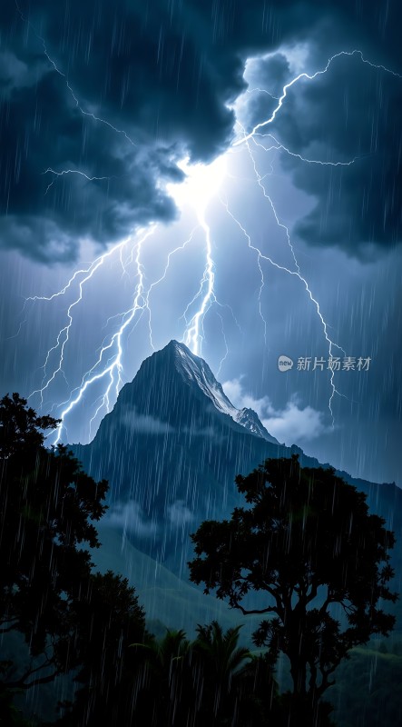 雷雨夜下的山峰