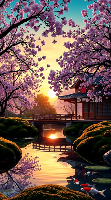 春日樱花映水阁金鲤戏波桥上影