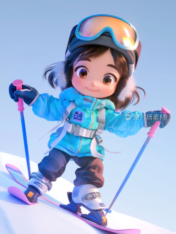 冬季雪地滑雪的女孩3D卡通人物插画