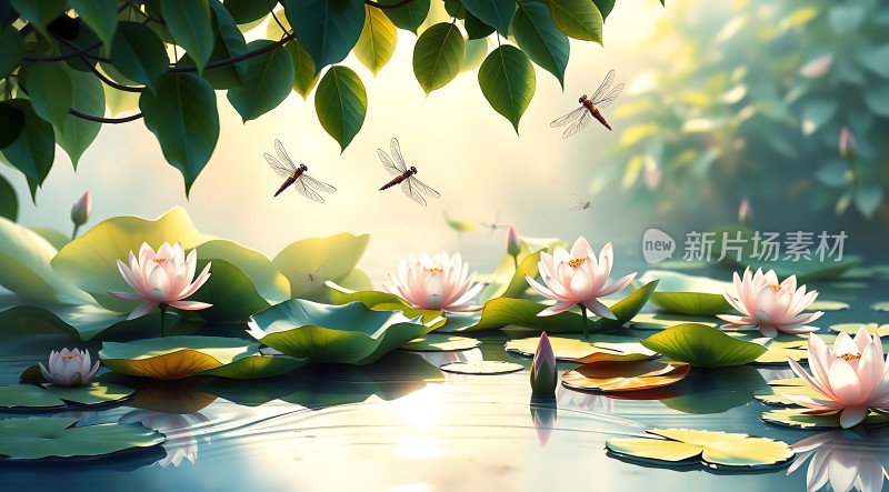 荷塘蜻蜓舞动夏日微风