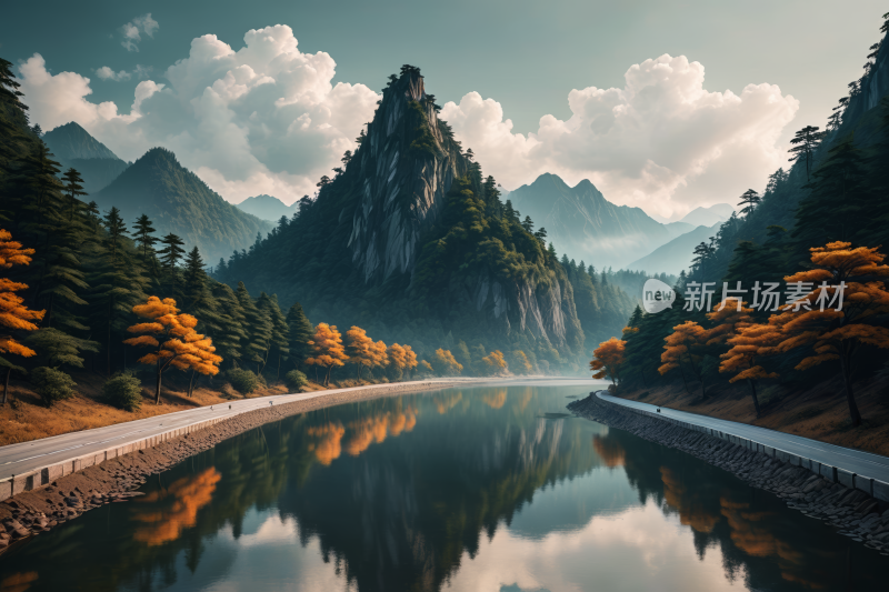 一条河流穿过森林一座高山清风景插画图片