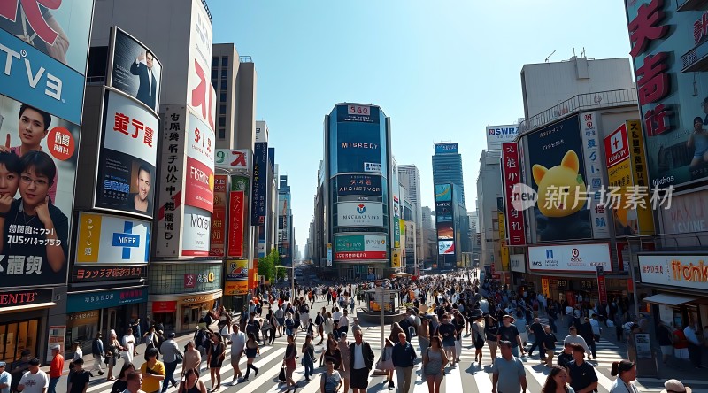 繁华都市街头人潮涌动高楼林立广告牌琳琅满目