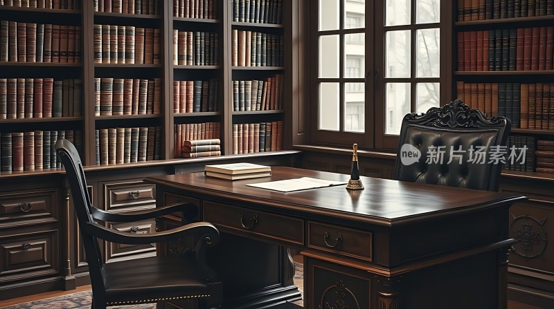 书房一角书架、桌椅与自然光相映成趣