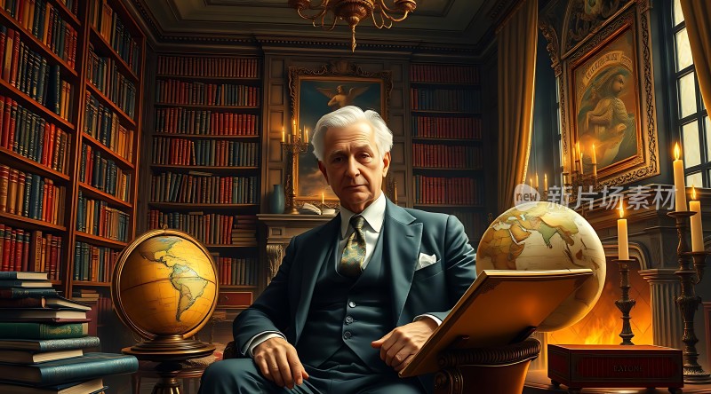 书房里的学者与地球仪