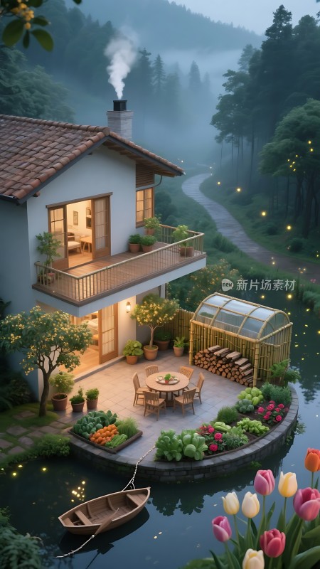 湖畔小屋宁静夜晚下的温馨家园