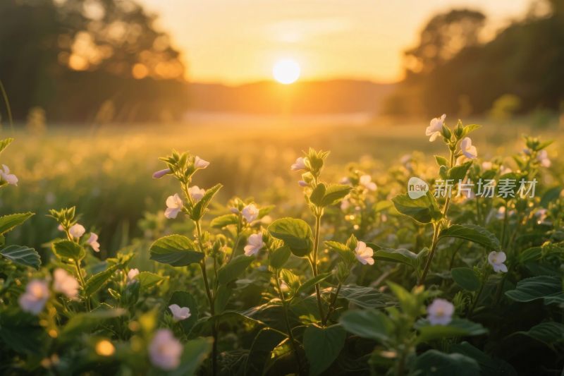 夕阳草地野花风景