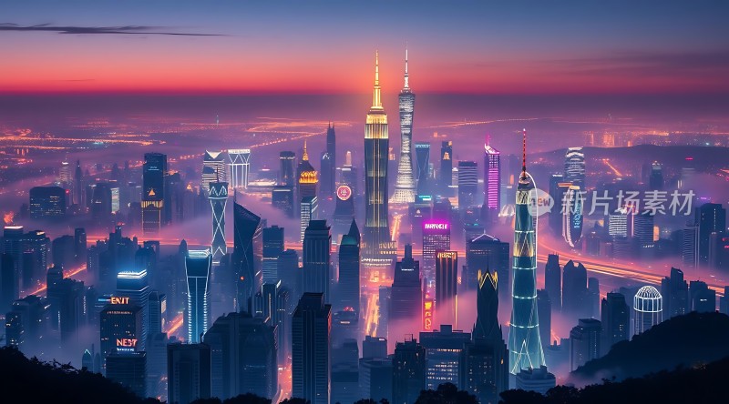 未来都市夜景霓虹闪烁高楼林立