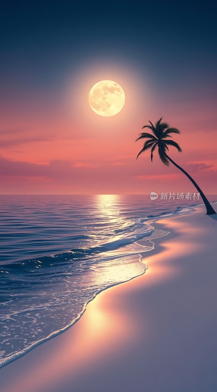 椰林月下海浪轻拍沙滩