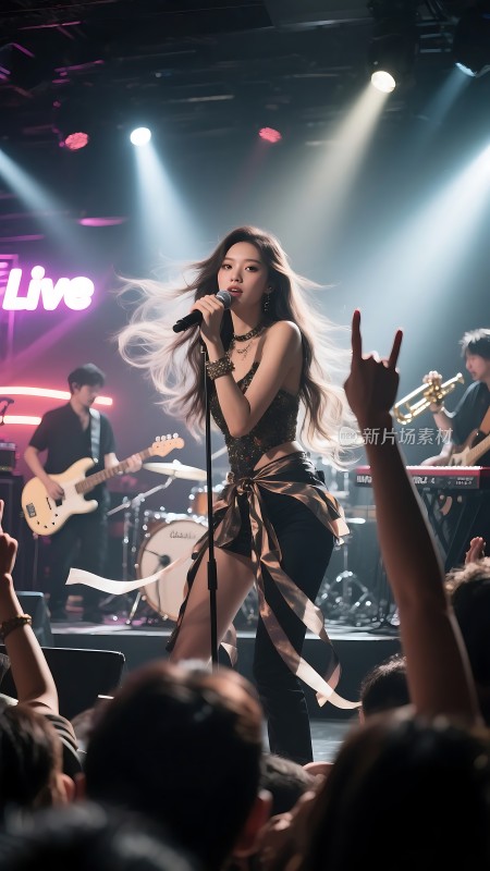 舞台上的女歌手与乐队现场表演