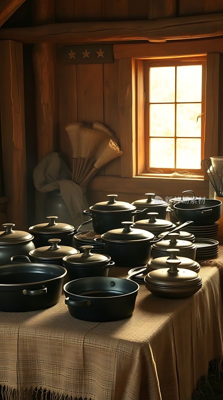阳光下的锅具展示