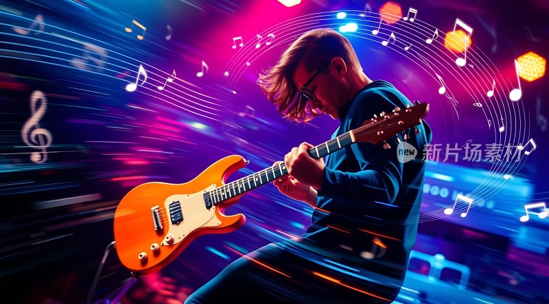 弹奏电吉他的音乐家在五彩斑斓的音乐背景中展现风采