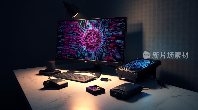 科技感十足的工作空间桌面整洁有序电脑屏幕上显示着炫目的图案