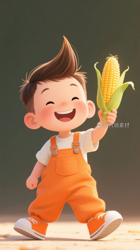 手持玉米的开心小男孩