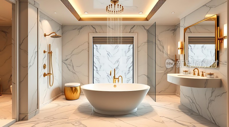 大理石浴室金色装饰现代浴缸与洗手台