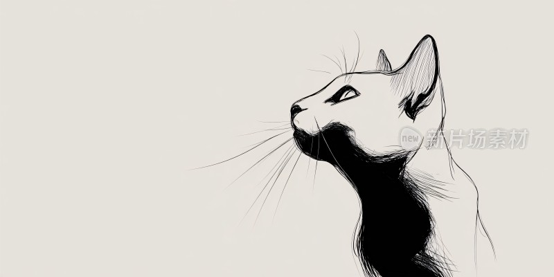 黑白线条勾勒的猫咪侧影