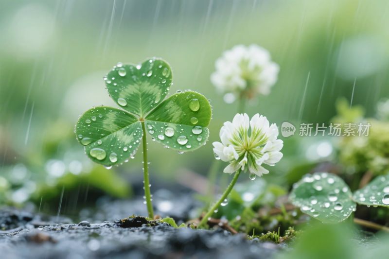 雨中四叶草与小花