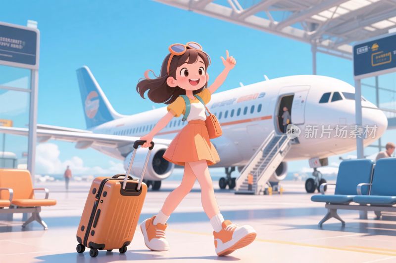 机场卡通女孩旅行插画
