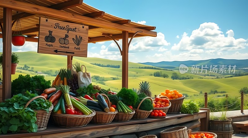 阳光下的有机蔬果摊位新鲜蔬菜水果琳琅满目