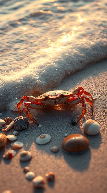 阳光下的沙滩小螃蟹与贝壳