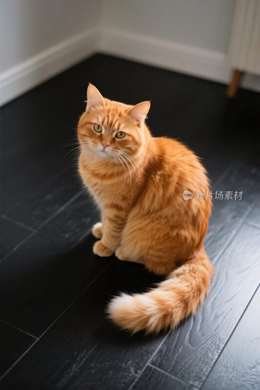 橘猫坐黑色地板