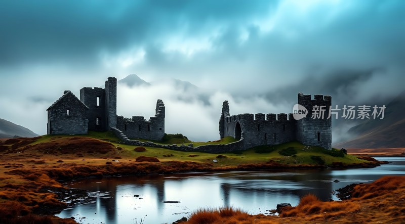 湖畔古堡雾霭环绕神秘而壮丽