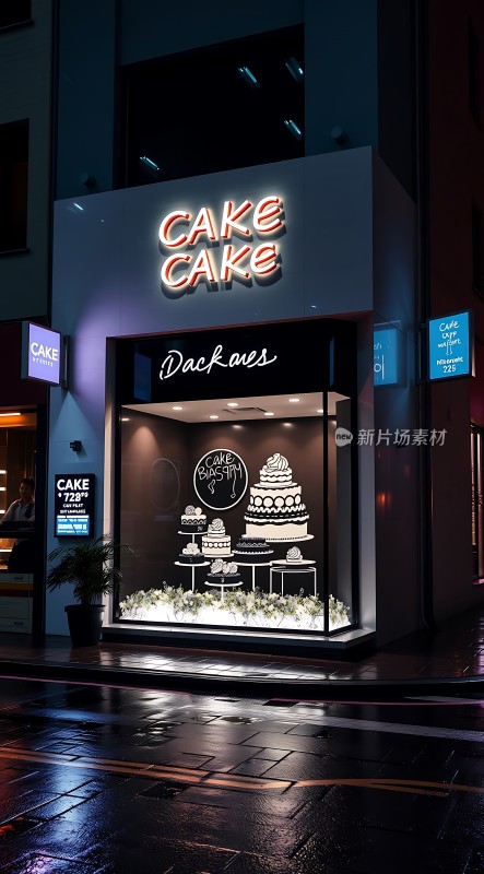 蛋糕店夜景霓虹灯招牌与橱窗装饰引人注目