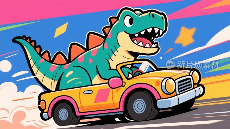 卡通恐龙驾驶敞篷车插画