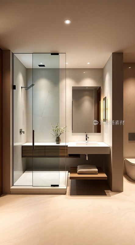 现代浴室设计玻璃淋浴房与木质洗手台