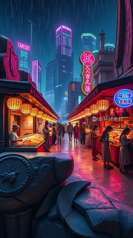 霓虹灯下的繁华夜市