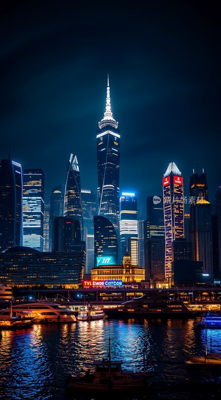 上海夜景黄浦江畔摩天大楼璀璨灯光