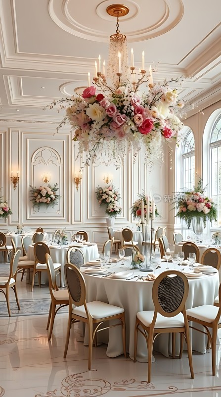 豪华宴会厅精美吊灯与花卉装饰优雅餐桌椅温馨氛围
