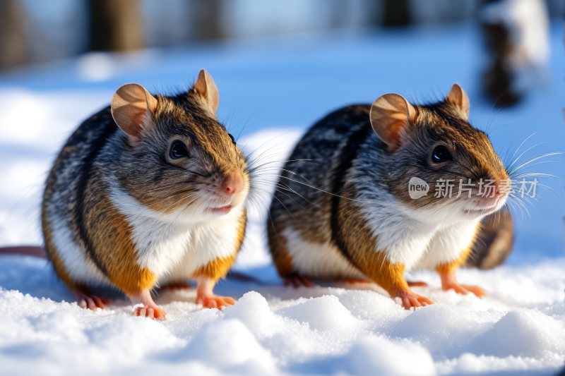 雪地里有两只小啮齿动物坐在雪地上高清图片